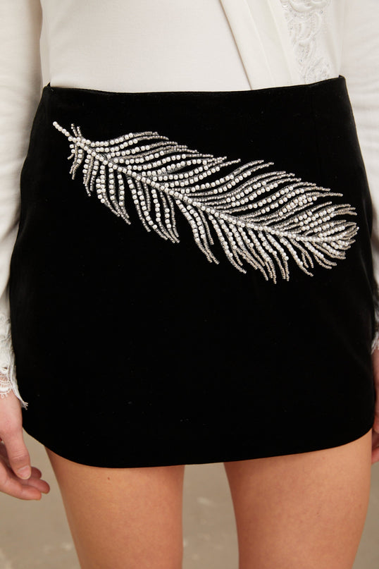 Ariella Black A-Line Feather Embroidered Mini Dress with Faux-Pearl and Sequin Embellishments