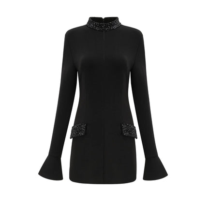 Ariella Black Long Sleeved Dress With Crystal Embellishment