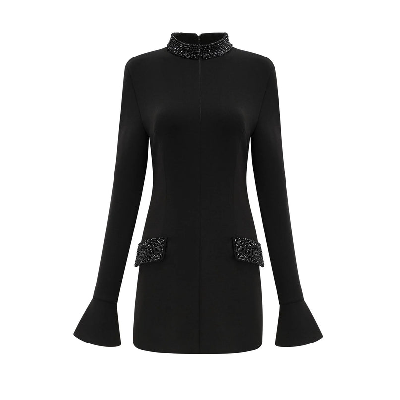 Ariella Black Long Sleeved Dress With Crystal Embellishment