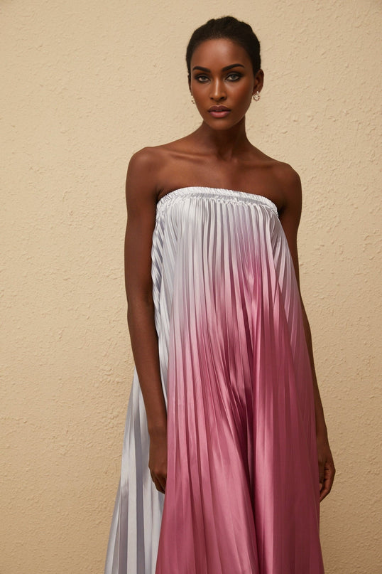 Ariella Pink Gradient Pleated Maxi Dress