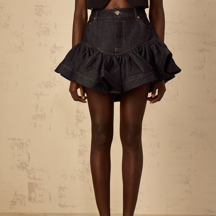 Arielle Ruffled Mini Skirt Blue Denim High Rise Contrast Stitching Side Pockets Front Button Zip Fastening 100 Percent Cotton Thigh Length