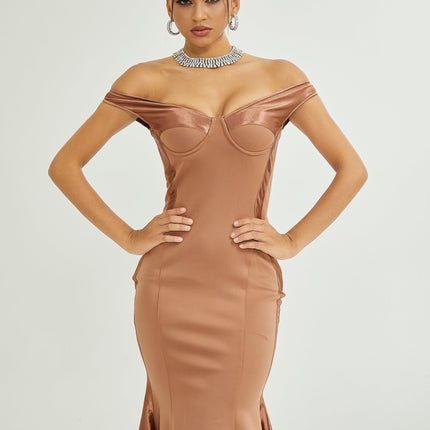 Armanda Neutrals Off The Shoulder Bustier Midi Dress 100% Polyester