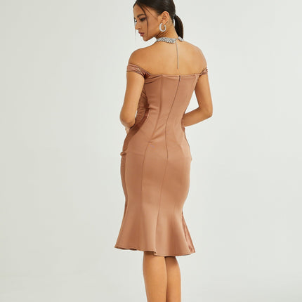 Armanda Neutrals Off The Shoulder Bustier Midi Dress elegant sophisticated chic satin flared hem luxurious 100% polyester