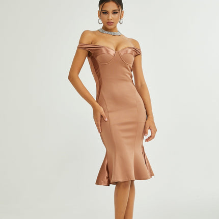 Armanda Neutrals Off The Shoulder Bustier Midi Dress