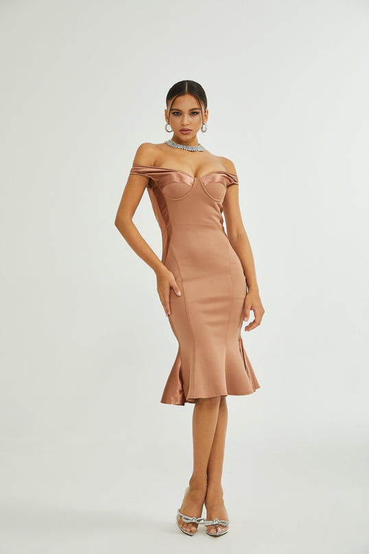 Armanda Neutrals Off The Shoulder Bustier Midi Dress