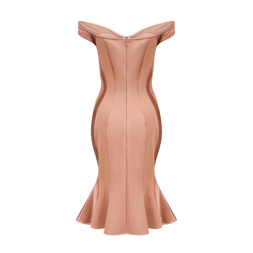 Armanda Off The Shoulder Bustier Midi Dress in Neutrals