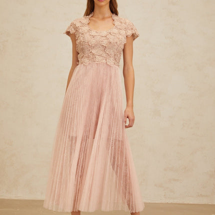 Armanda Pink Embroidered Tulle Midi Dress with Metallic Threading and Pleated Skirt