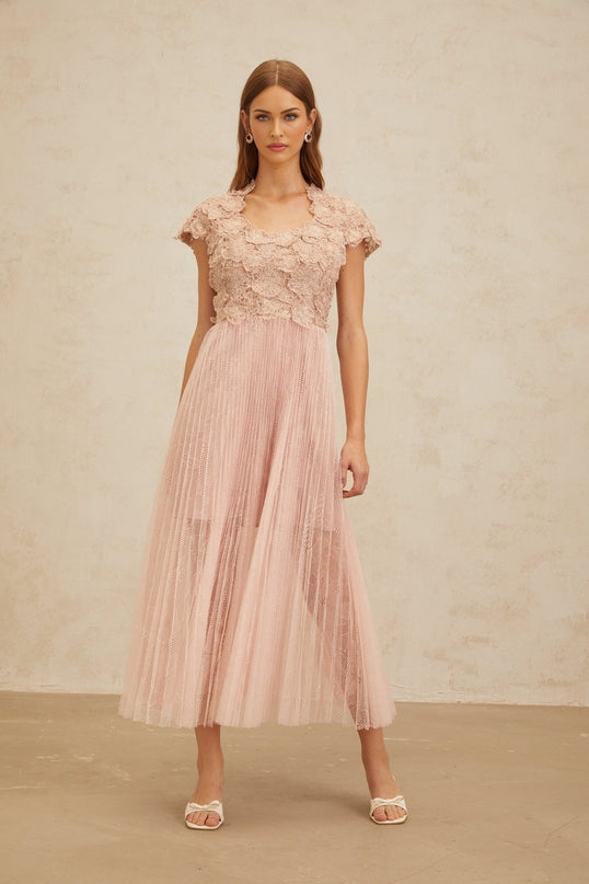 Armanda Pink Embroidered Tulle Midi Dress with Metallic Threading and Pleated Skirt