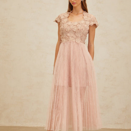 Armanda Pink Embroidered Tulle Midi Dress with Cap Sleeves and Pleated Skirt