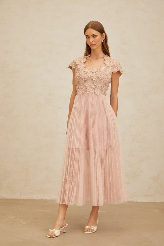 Armanda Pink Embroidered Tulle Midi Dress with Cap Sleeves and Pleated Skirt