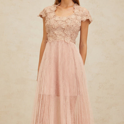 Armanda Pink Floral Embroidered Tulle Midi Dress with Metallic Threading