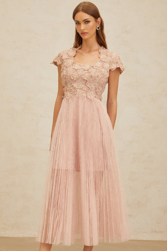 Armanda Pink Floral Embroidered Tulle Midi Dress with Metallic Threading