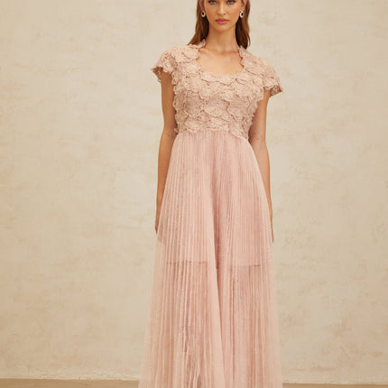 Armanda Pink Floral Embroidered Tulle Midi Dress with Metallic Threading and Pleated Skirt
