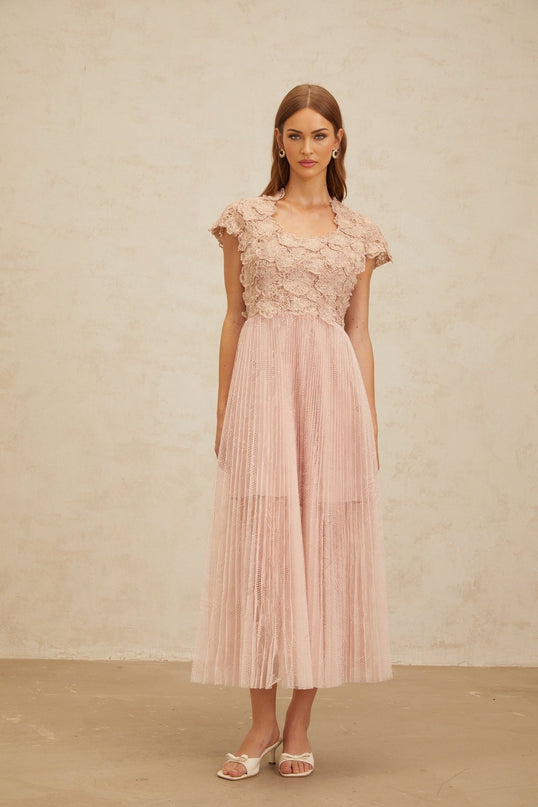 Armanda Pink Floral Embroidered Tulle Midi Dress with Metallic Threading and Pleated Skirt