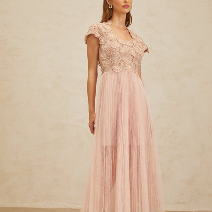 Armanda Pink Floral Embroidered Tulle Midi Dress with Cap Sleeves and Pleated Skirt