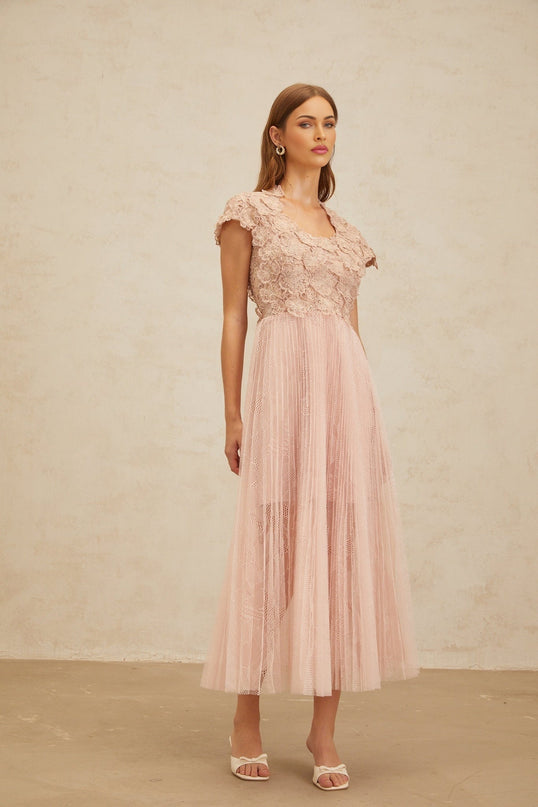 Armanda Pink Floral Embroidered Tulle Midi Dress with Cap Sleeves and Pleated Skirt