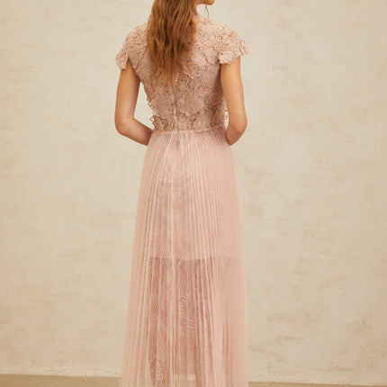 Armanda Pink Floral Embroidered Tulle Midi Dress with Metallic Threading and Pleated Skirt