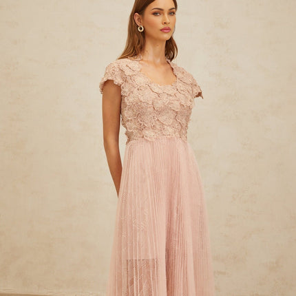 Armanda Pink Floral Embroidered Tulle Midi Dress with Cap Sleeves and Cinched Waist
