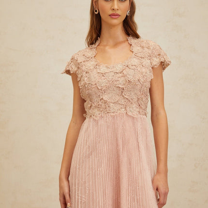 Armanda Pink Floral Embroidered Tulle Midi Dress with Cap Sleeves and Cinched Waist