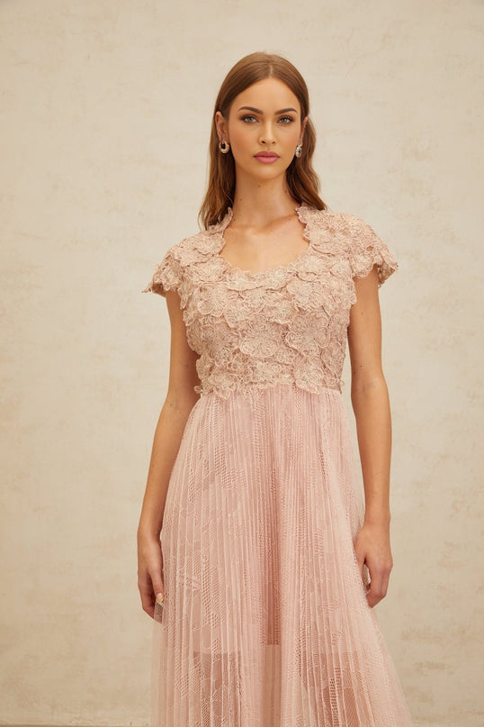 Armanda Pink Floral Embroidered Tulle Midi Dress with Cap Sleeves and Cinched Waist