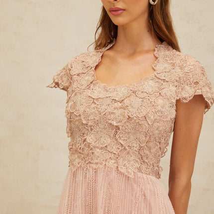 Armanda Pink Floral Embroidered Tulle Midi Dress with Cap Sleeves and Pleated Skirt