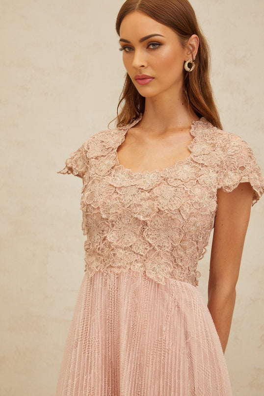 Armanda Pink Floral Embroidered Tulle Midi Dress with Cap Sleeves and Pleated Skirt