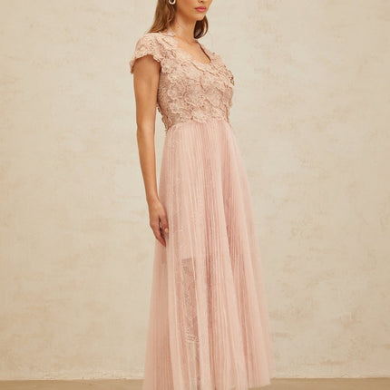 Armanda Pink Floral Embroidered Tulle Midi Dress with Cap Sleeves and Pleated Skirt