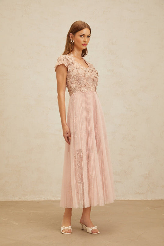 Armanda Pink Floral Embroidered Tulle Midi Dress with Cap Sleeves and Pleated Skirt