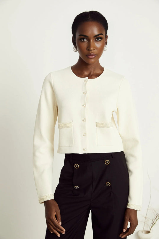 Artemide Beige Faux-Pearl Embellished Cardigan