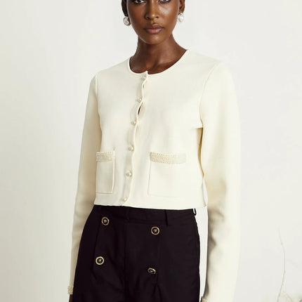Artemide Beige Cardigan with Faux-Pearl Embellishments and Patch Pockets