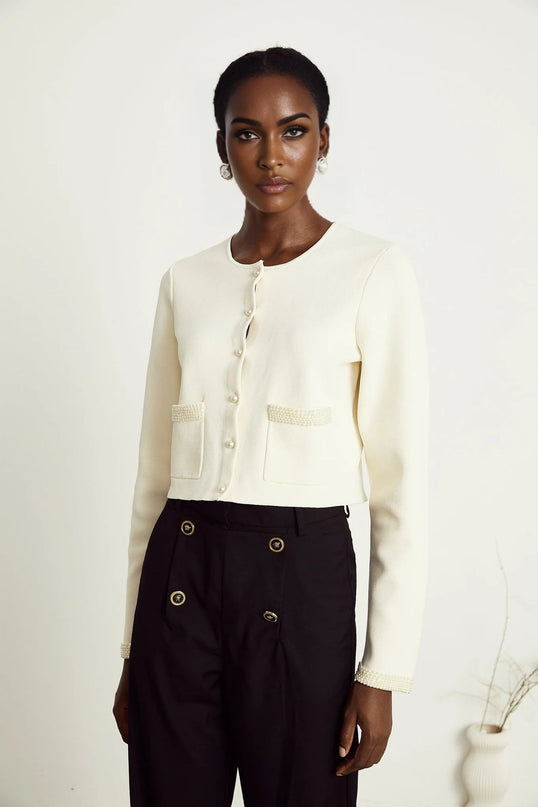 Artemide Beige Cardigan with Faux-Pearl Embellishments and Patch Pockets