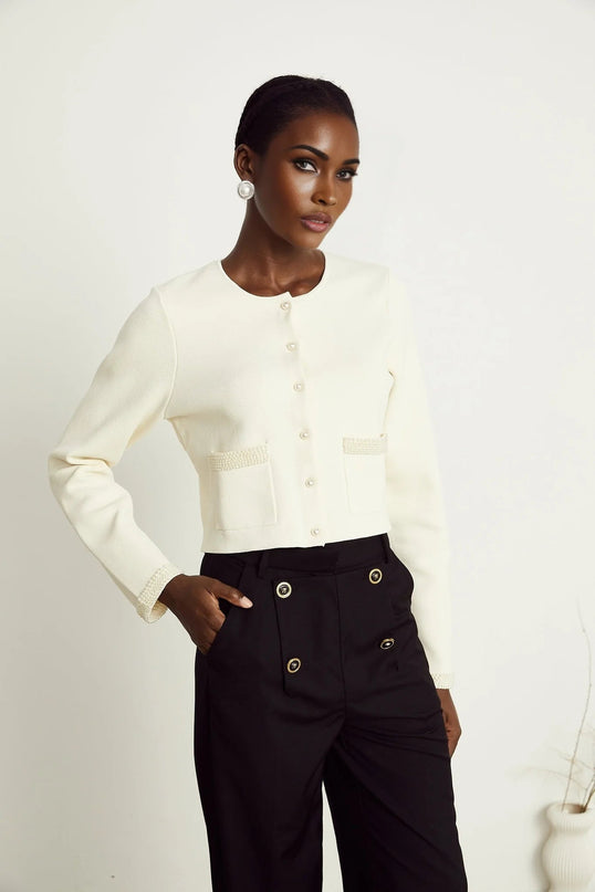 Artemide Beige Faux-Pearl Embellished Cardigan