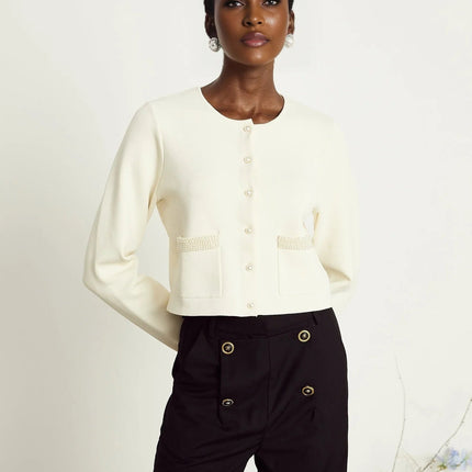 Artemide Beige Faux-Pearl Embellished Cardigan with Front Button Fastening and Patch Pockets