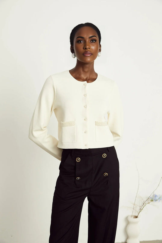 Artemide Beige Faux-Pearl Embellished Cardigan with Front Button Fastening and Patch Pockets