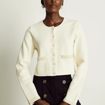 Artemide Beige Faux-Pearl Embellished Cardigan with Front Button Fastening and Patch Pockets