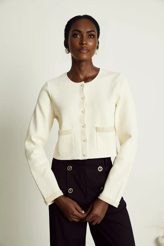 Artemide Beige Faux-Pearl Embellished Cardigan with Front Button Fastening and Patch Pockets