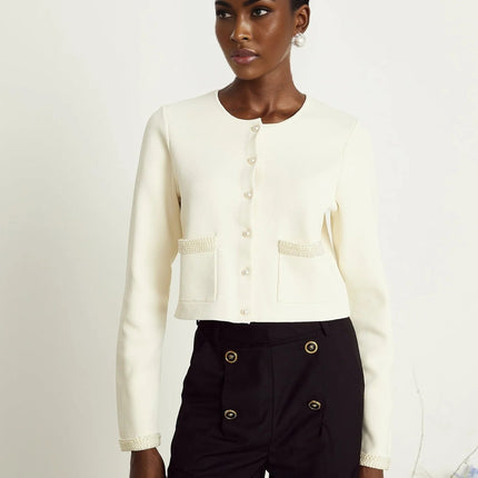 Artemide Beige Faux-Pearl Embellished Cardigan with Front Button Fastening and Patch Pockets