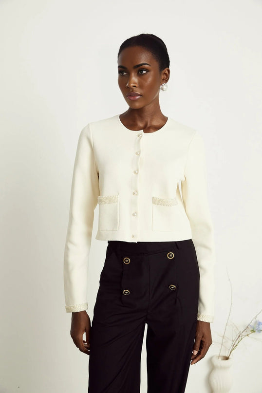 Artemide Beige Faux-Pearl Embellished Cardigan with Front Button Fastening and Patch Pockets