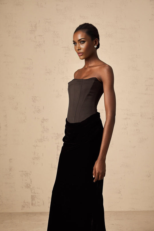 Artemide Black Velvet Satin Corset Maxi Dress