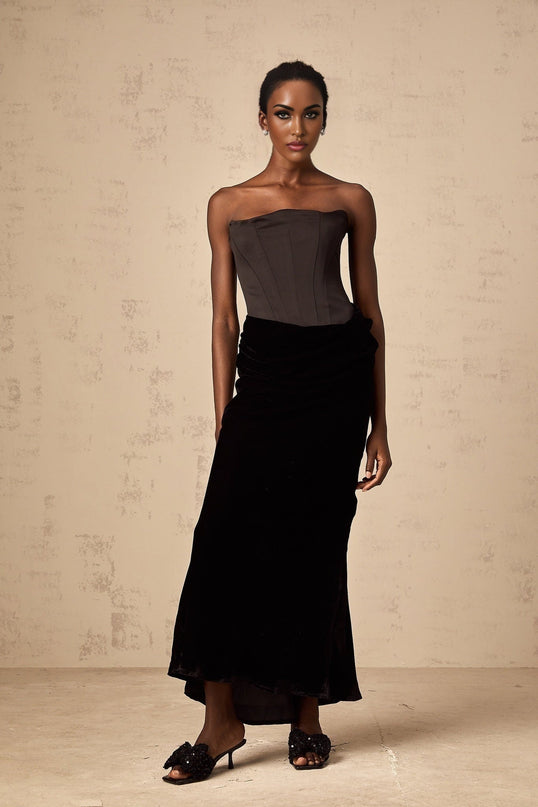 Artemide Black Velvet Satin Corset Maxi Dress
