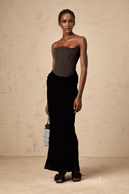 Artemide Black Velvet Satin Maxi Dress