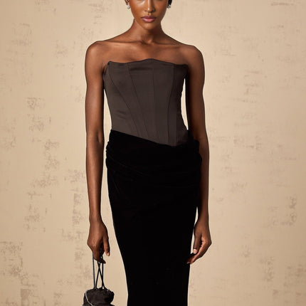Artemide Black Velvet Satin Maxi Dress