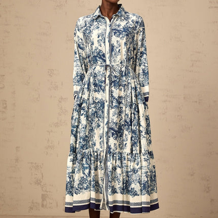 Artemide Blue and White Graphic Print Midi Dress with Belt Loops and Tied Waist