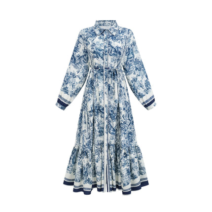 Artemide Blue and White Graphic Print Midi Dress with Belt Loops and Tied Waist