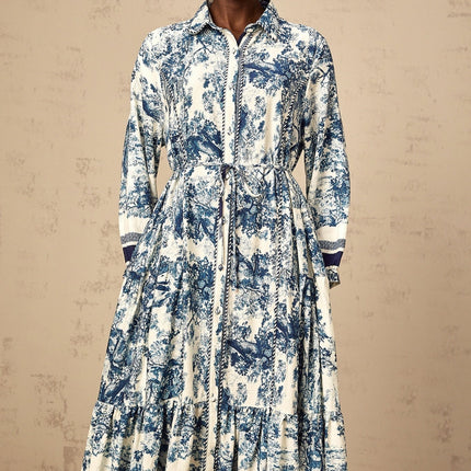 Artemide Blue and White Graphic Print Midi Dress