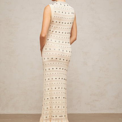 Artemide Maxi Dress Neutrals Crochet Knit Stud Embellishments Ruffled Hem Sleeveless Crew Neck