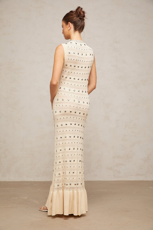 Artemide Maxi Dress Neutrals Crochet Knit Stud Embellishments Ruffled Hem Sleeveless Crew Neck
