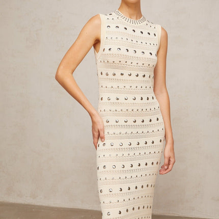 Artemide Maxi Dress Neutrals Crochet Knit Stud Embellishments Ruffled Hem Sleeveless Crew Neck Stretch Fabric