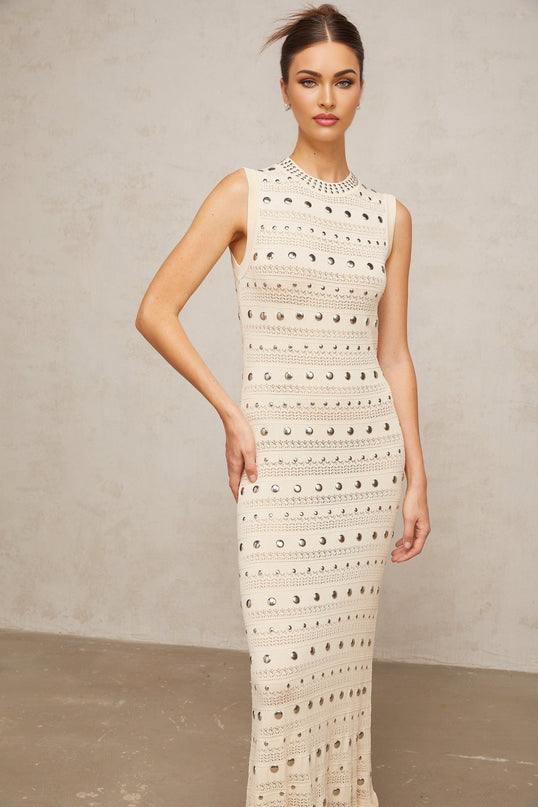 Artemide Maxi Dress Neutrals Crochet Knit Stud Embellishments Ruffled Hem Sleeveless Crew Neck Stretch Fabric