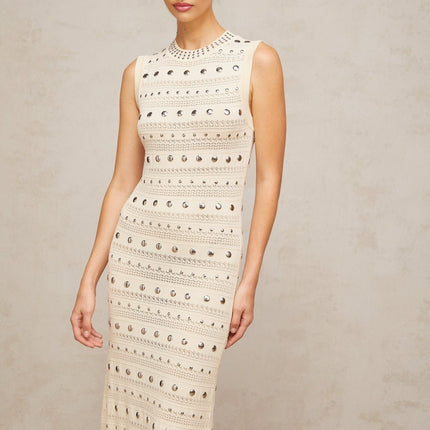 Artemide Neutrals Crochet Knit Maxi Dress with Stud Embellishments